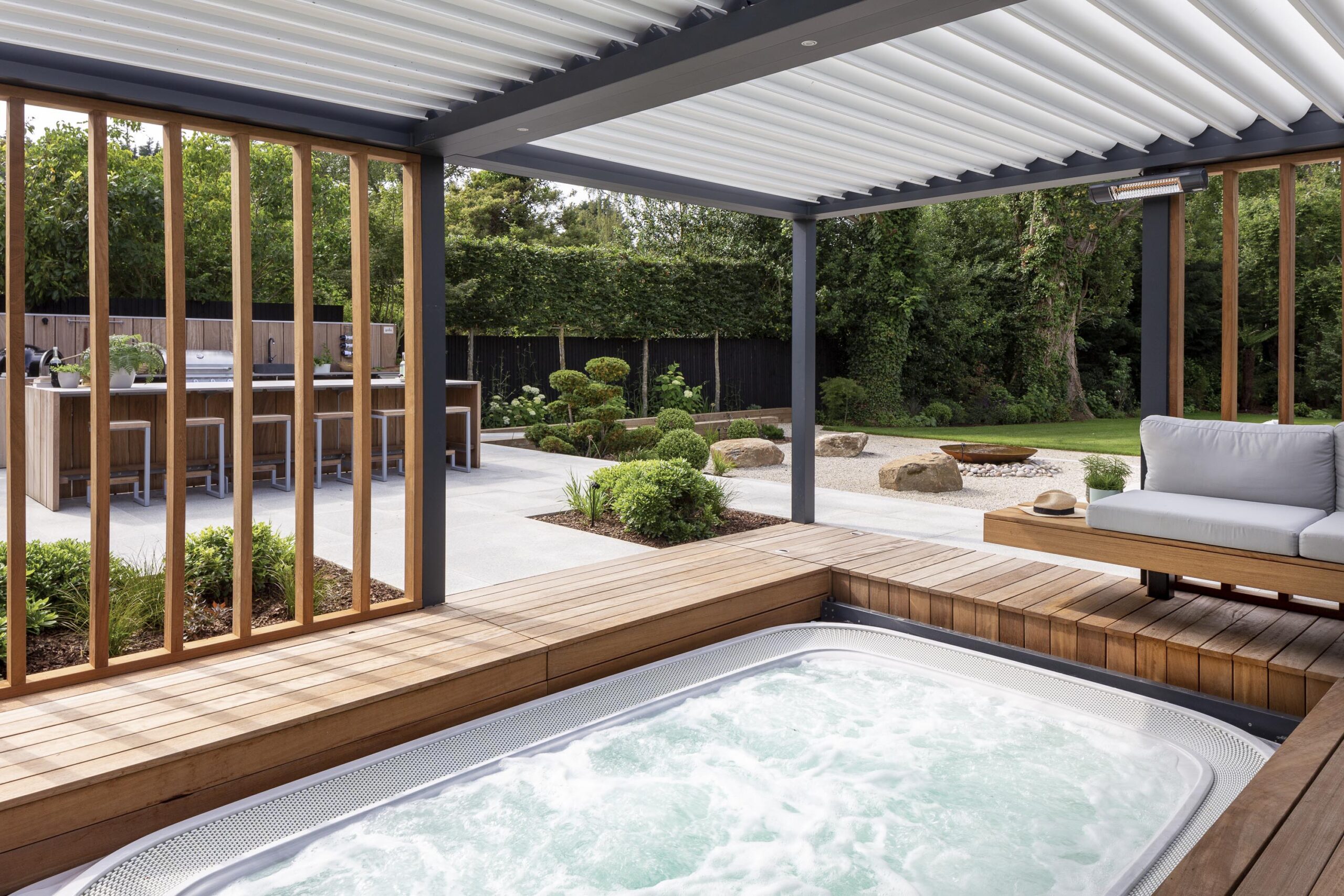 Luxury sunken hot tub pergola