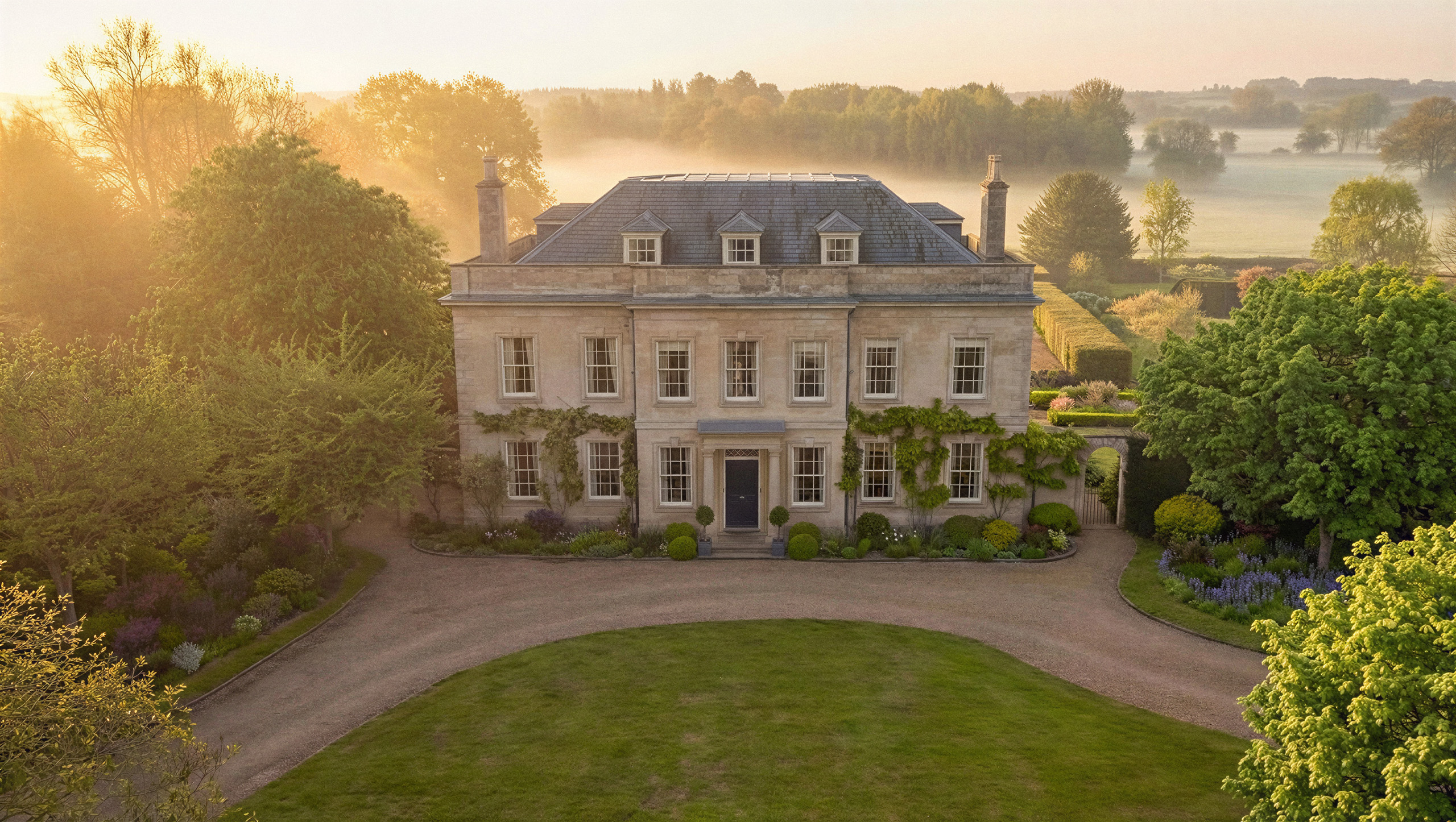 Grade II listed Georgian manor in the Cotswolds being restored by HollandGreen, featuring classic sash windows and Cotswolds stone